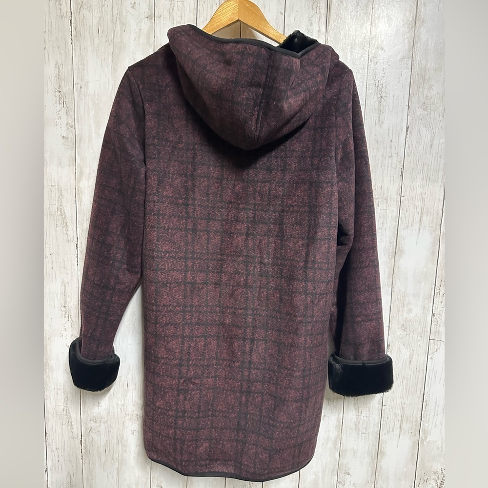 Ike Behar Burgundy Plaid Teddy Hooded Jacket Size L - Picture 3 of 6